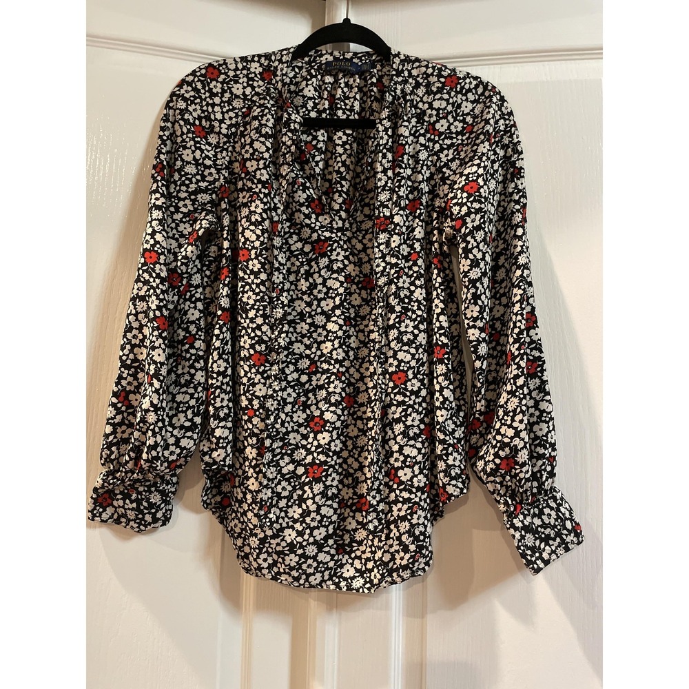 Polo Ralph Lauren‎ Blouse Womens Medium Black Floral Tie Neck Long Sleeve Top